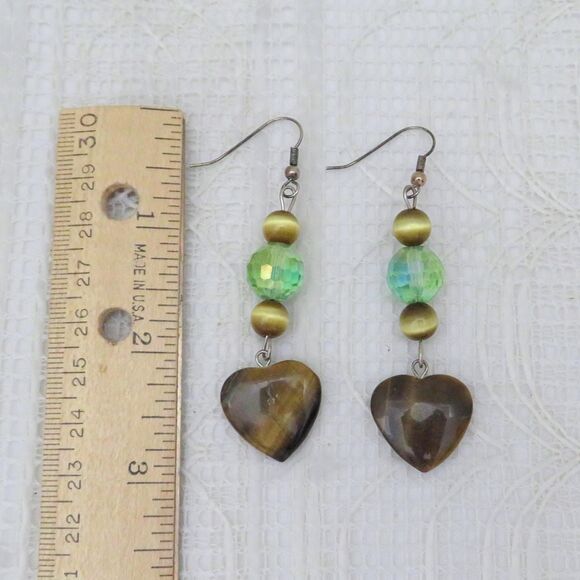 Tiger Eye Heart Dangle Earrings w/ Green Crystal Bead, Business and Boho Jewelry - Picture 4 of 7